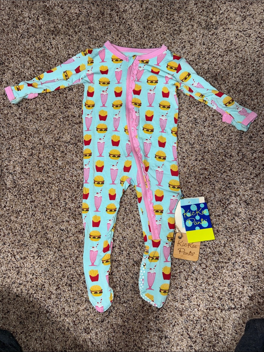 Kickee Pants Mint One-Piece Footed Pajamas with Pink Trim and Fast Food Print